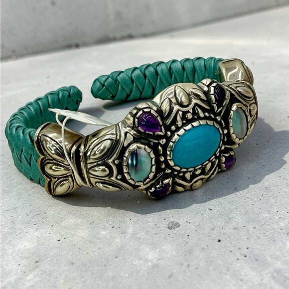 Carolyn Pollack Relios Turquoise Multi Stone Sterling Leather Cuff NWT 6 3/4” - Picture 7 of 17
